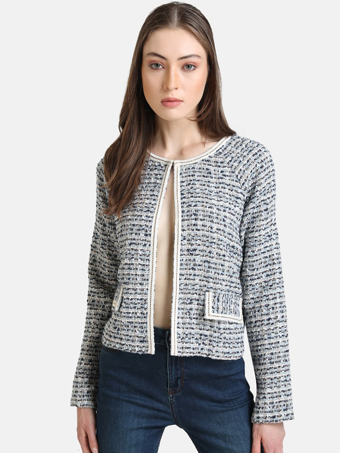 

Kazo Women Blue & White Textured Jacquard Tailored Jacket