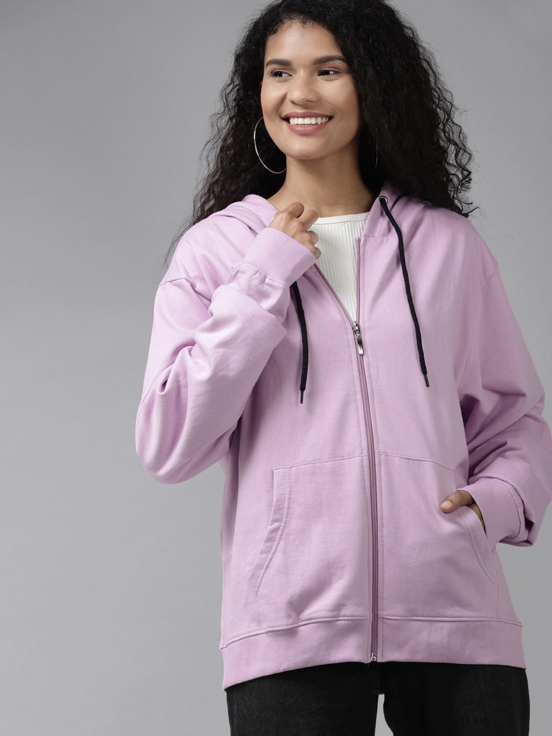 

The Dry State Women Lavender Solid Pure Cotton Hooded Sweatshirt