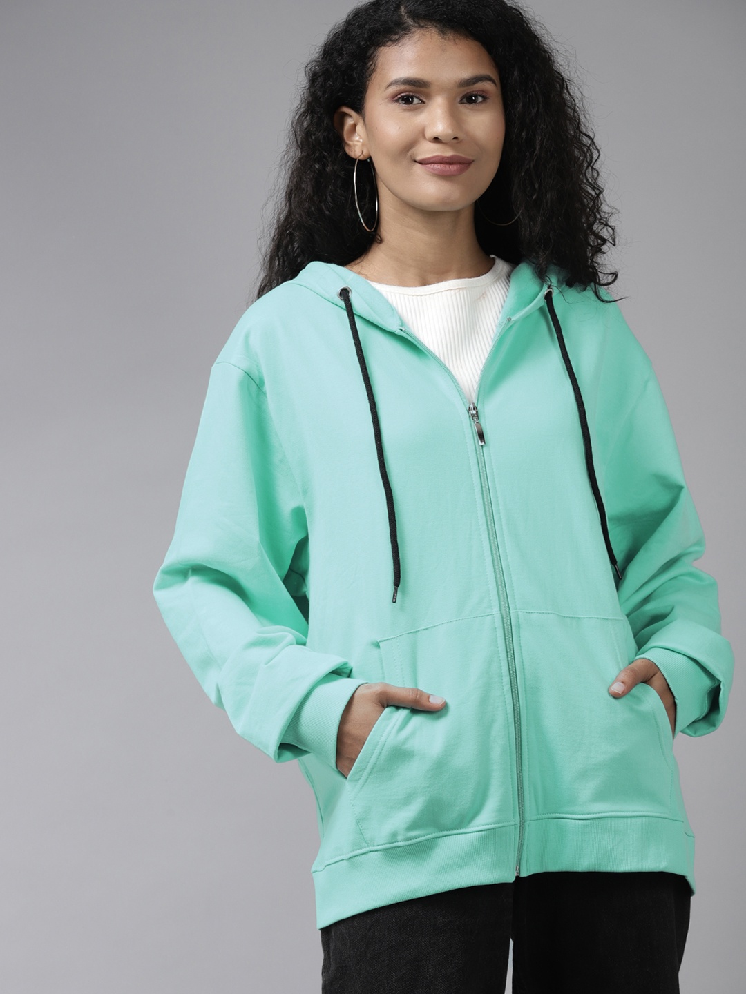 

The Dry State Women Blue Solid Pure Cotton Hooded Sweatshirt