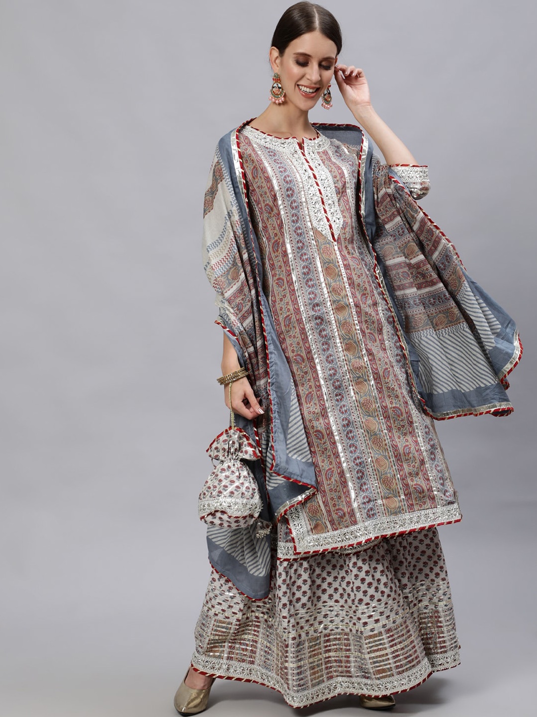 

Ishin Women Multicoloured Ethnic Motifs Printed Regular Pure Cotton Kurta with Sharara & With Dupatta, Multi