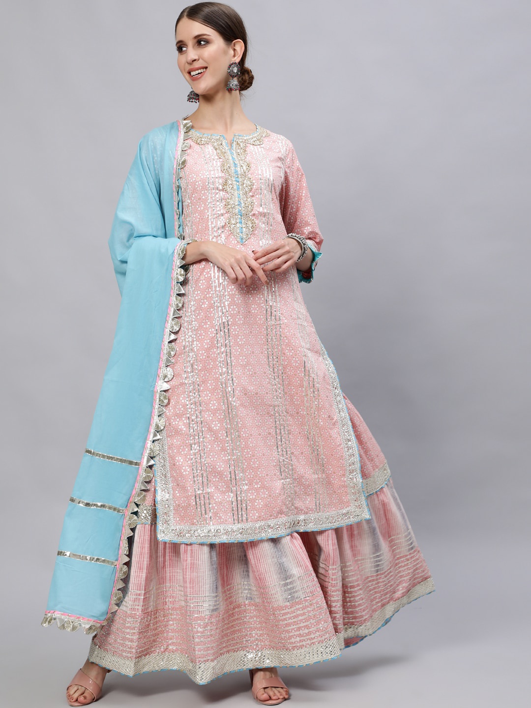 

Ishin Women Pink Embroidered Regular Pure Cotton Kurta with Sharara & Dupatta