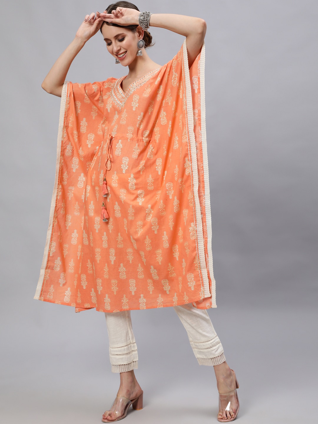 

Ishin Women Orange Ethnic Motifs Printed Kaftan Kurta with Trousers
