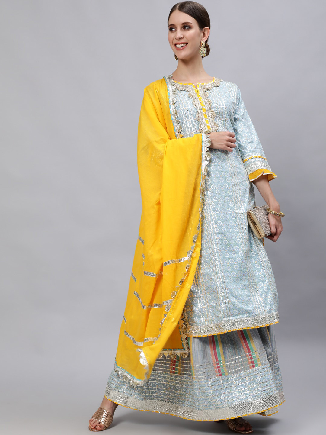 

Ishin Women Blue Printed Regular Gotta Patti Pure Cotton Kurta with Sharara & With Dupatta