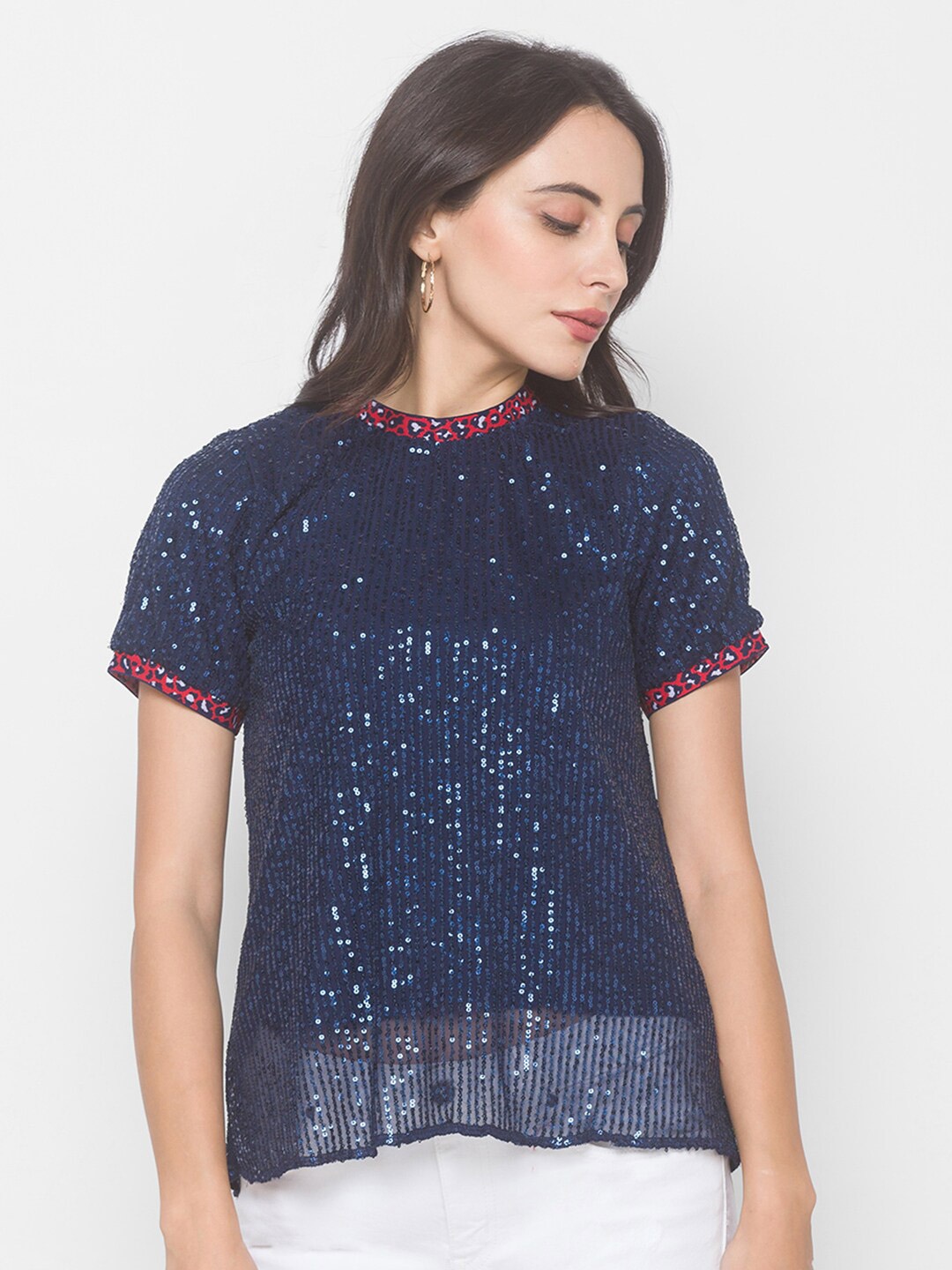 

Globus Navy Blue Embellished Sequinned Top