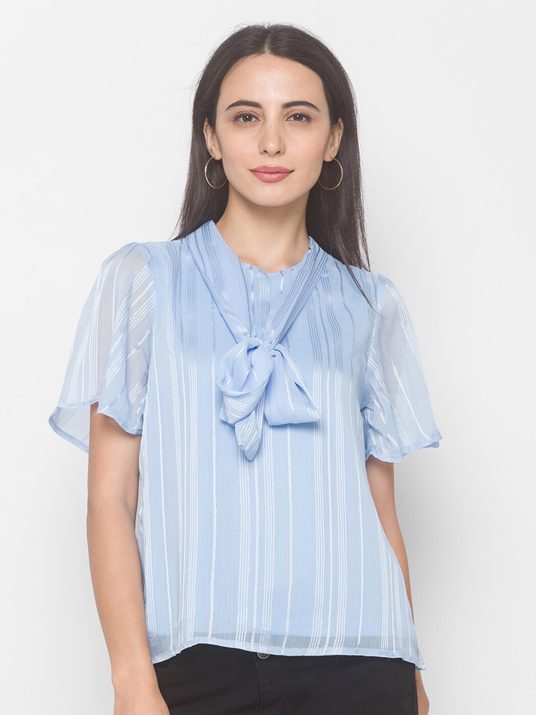 

Globus Blue Striped Tie-Up Neck Regular Top