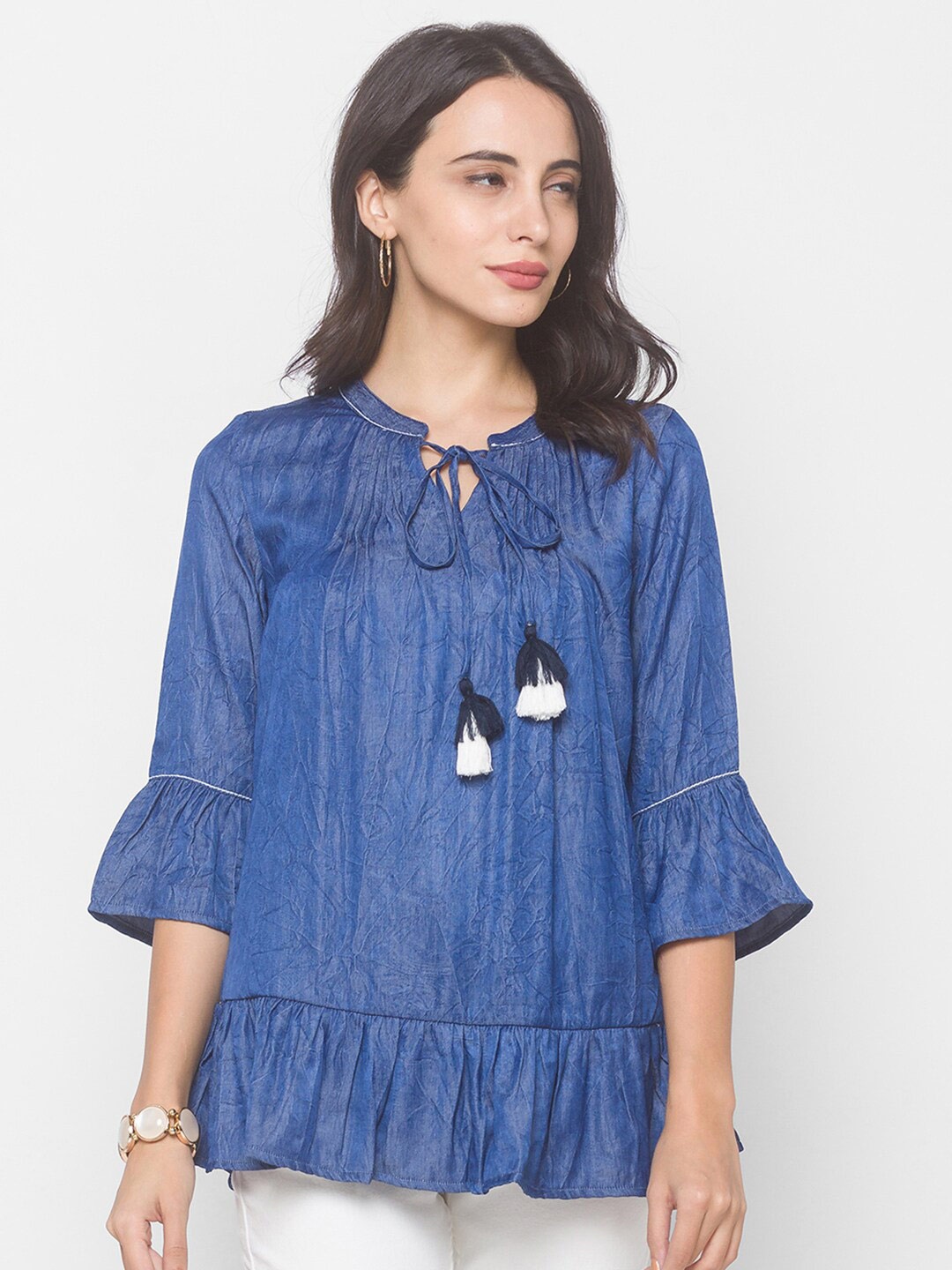 

Globus Blue Tie-Up Neck A-Line Top
