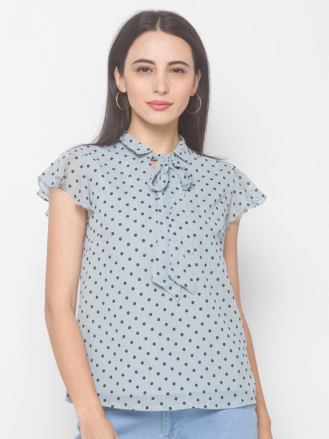 

Globus Blue Floral Tie-Up Neck Regular Top