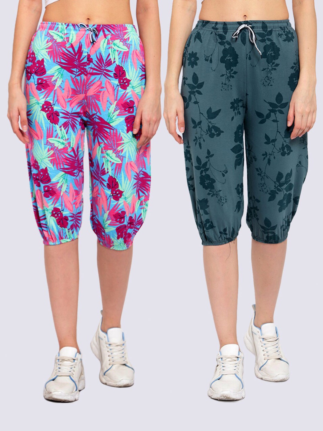 

KLOTTHE Women Pack of 2 Blue & Green Printed Capris