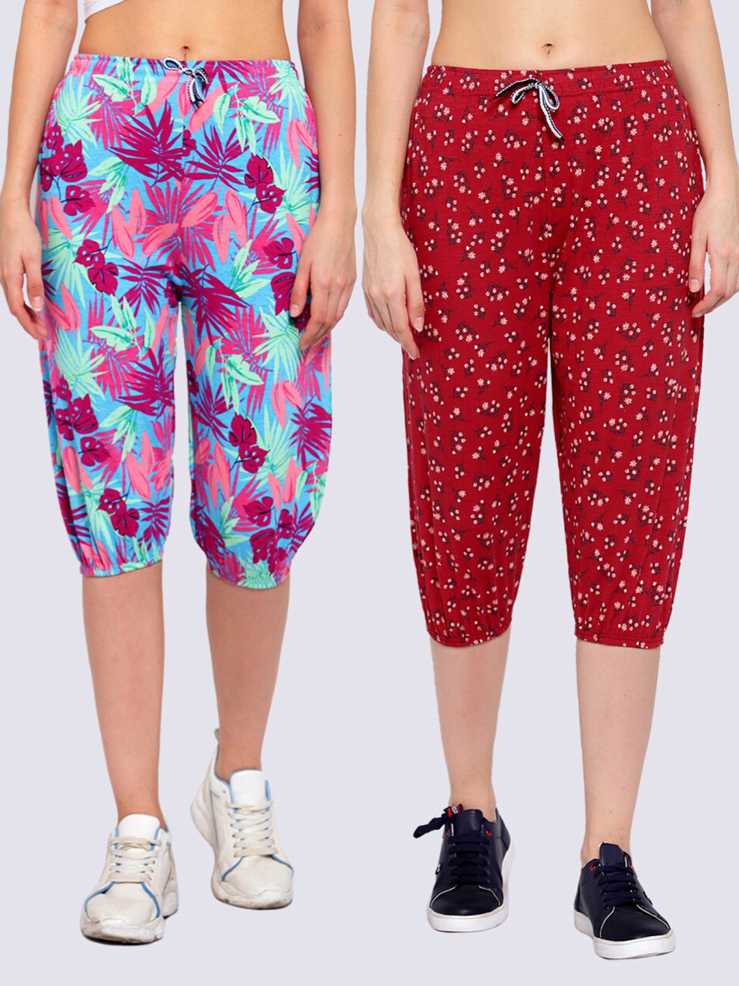 

KLOTTHE Women Red & Turquoise Blue Pack of 2 Printed Capris