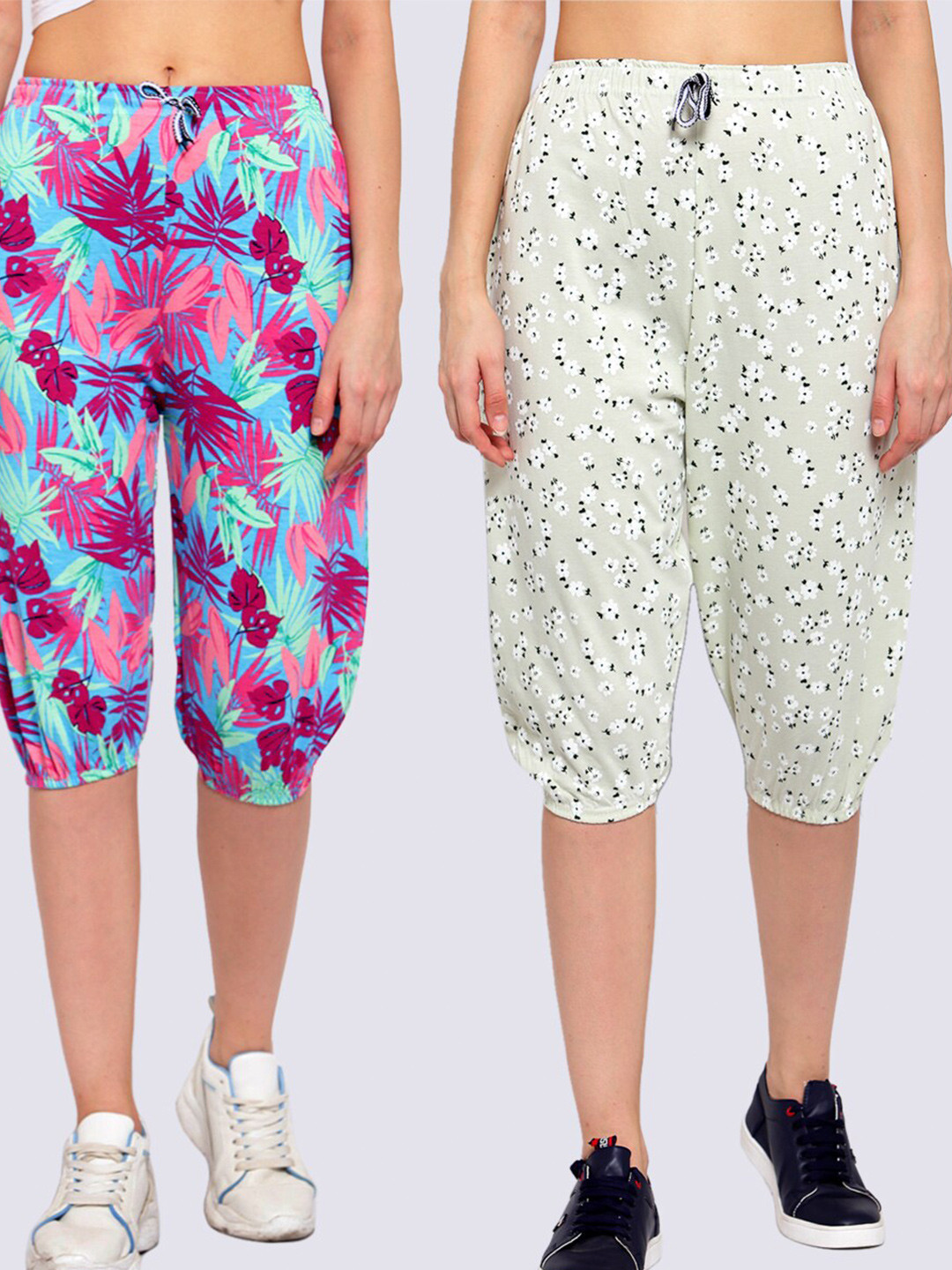 

KLOTTHE women Pack of 2 Navy Blue & Turquoise Blue Printed Mid Rise Cotton Capris