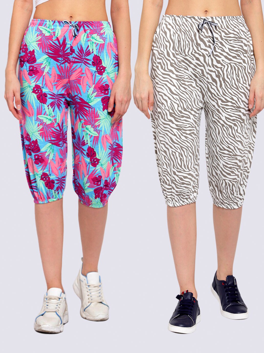 

KLOTTHE Women Set of 2 Purple & Sea Green Printed Pure Cotton Capris