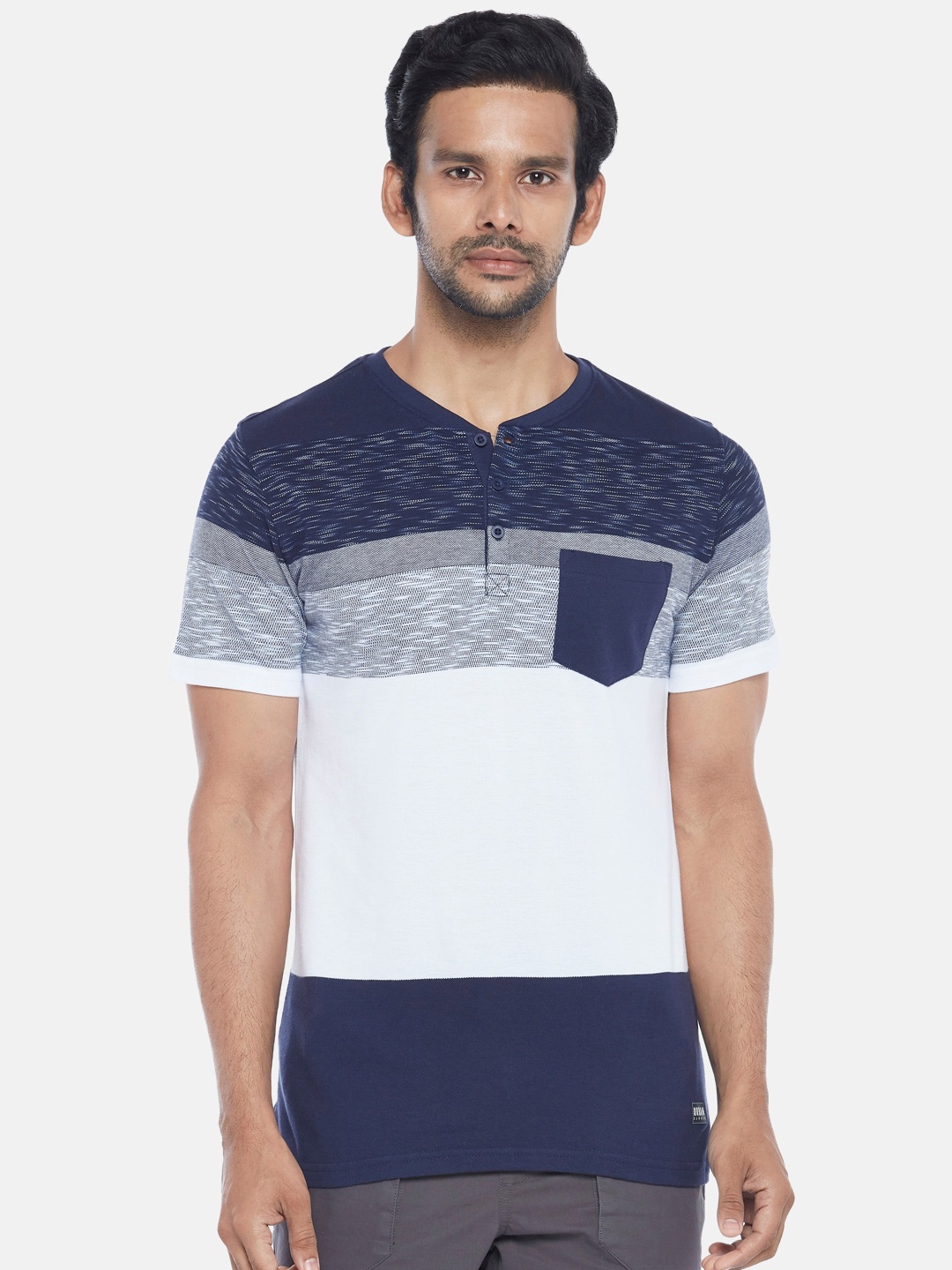 

Urban Ranger by pantaloons Men Navy Blue White Colourblocked Pure Cotton T-shirt