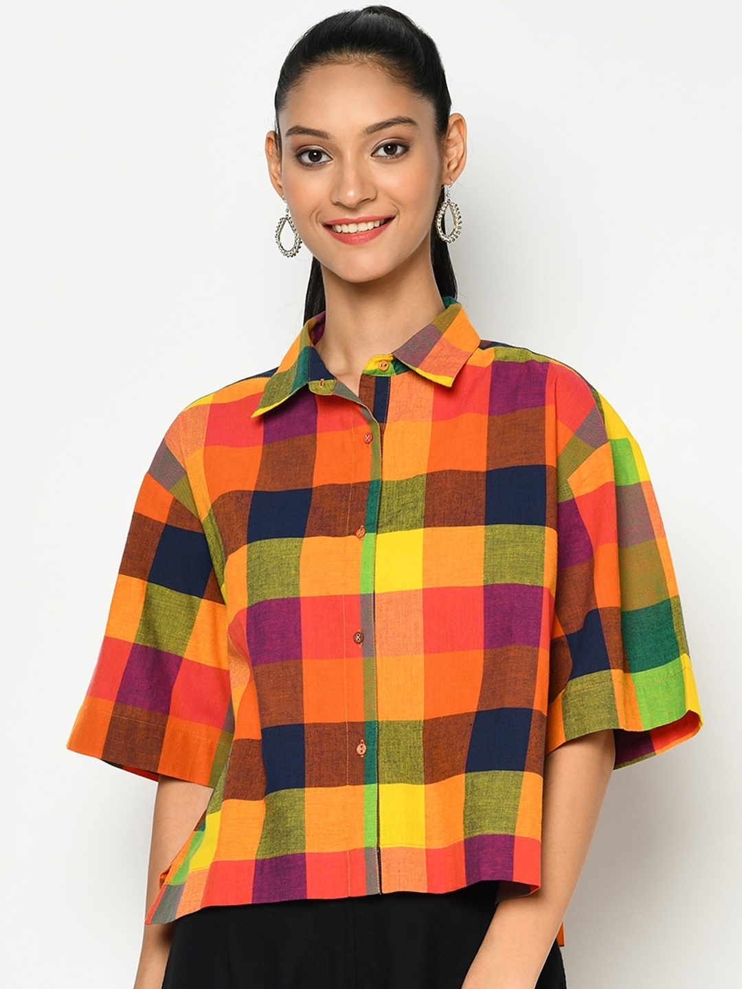 

Fabindia Women Yellow & Pink Opaque Checked Cotton Casual Shirt