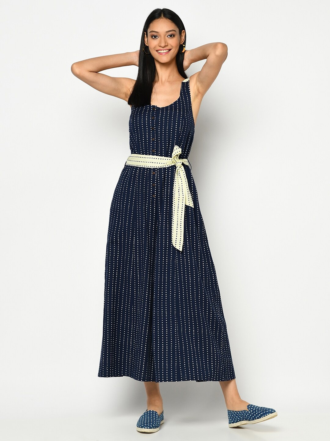

Fabindia Navy Blue & White Linen Printed Basic Jumpsuit