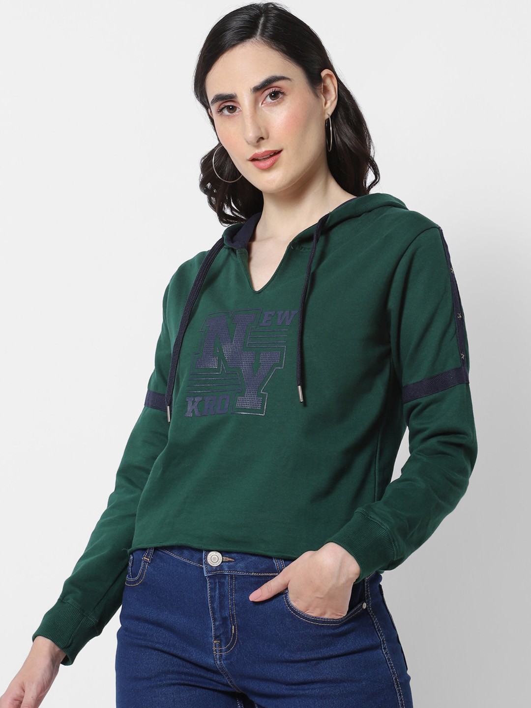 

MARCA Disati Women Green Printed Hooded Sweatshirt