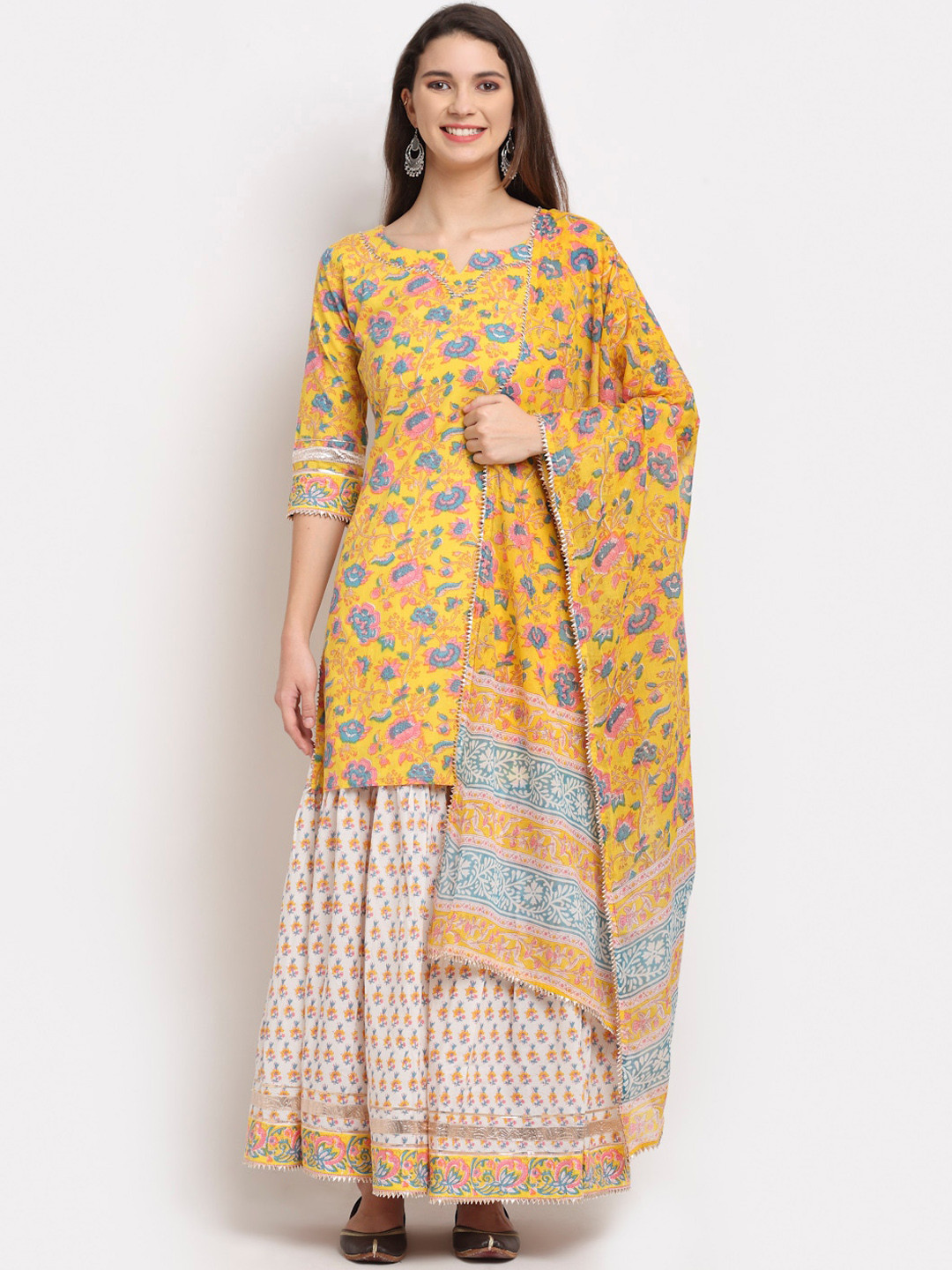 

Rudra Bazaar Women Yellow Floral Printed Panelled Pure Cotton Kurta with Sharara & With Dupatta