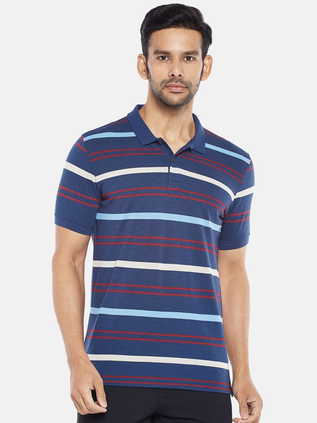 

BYFORD by Pantaloons Men Blue & Red Striped Polo Collar Slim Fit T-shirt