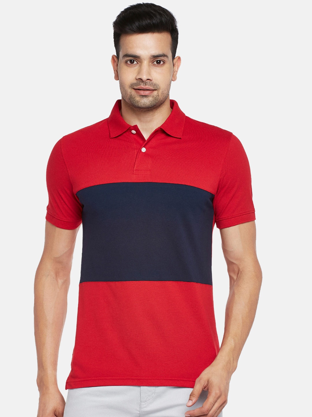 

BYFORD by Pantaloons Men Red & Navy Blue Colourblocked Polo Collar Slim Fit T-shirt