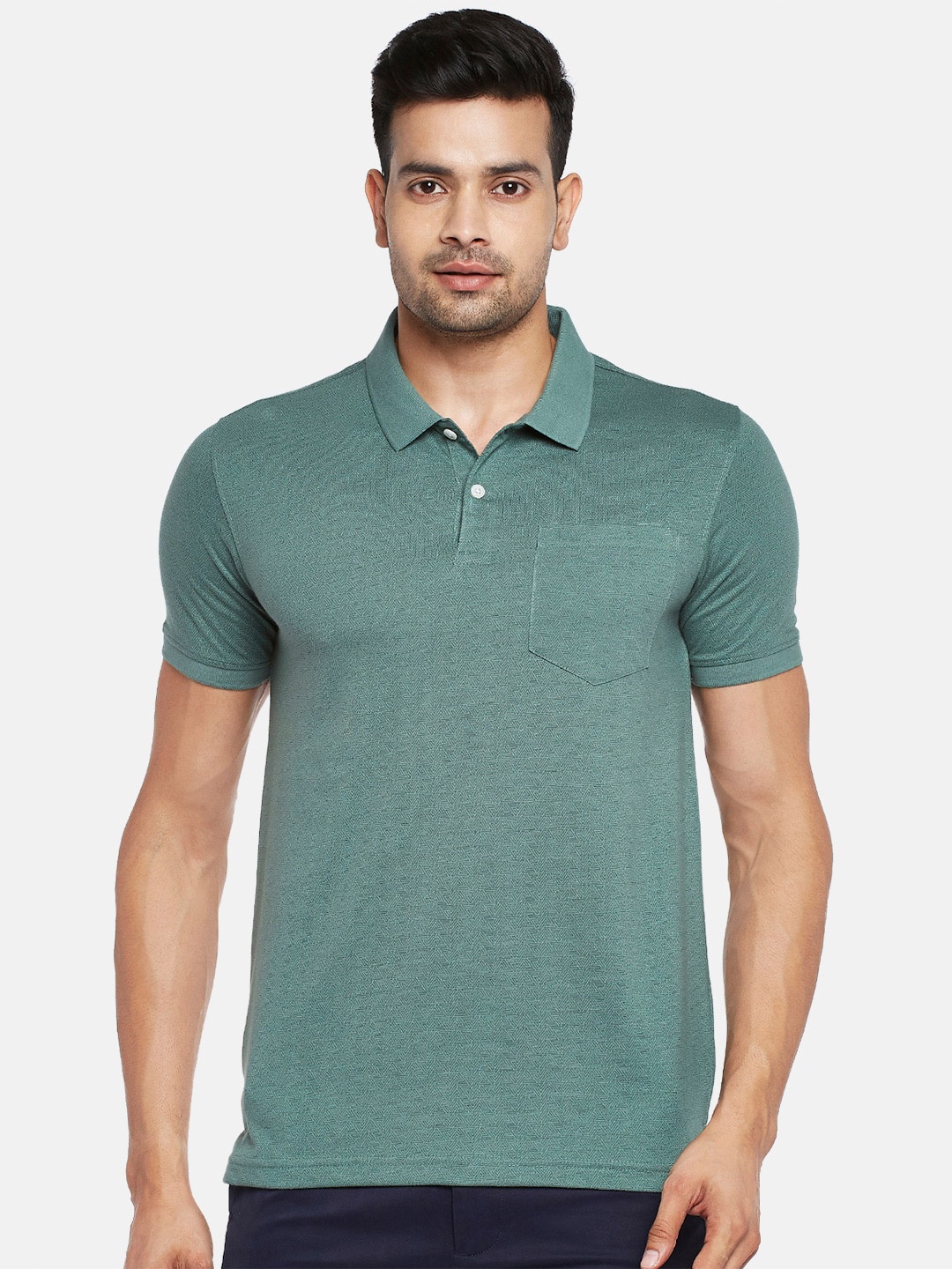 

BYFORD by Pantaloons Men Green Printed Polo Collar Pockets Slim Fit T-shirt