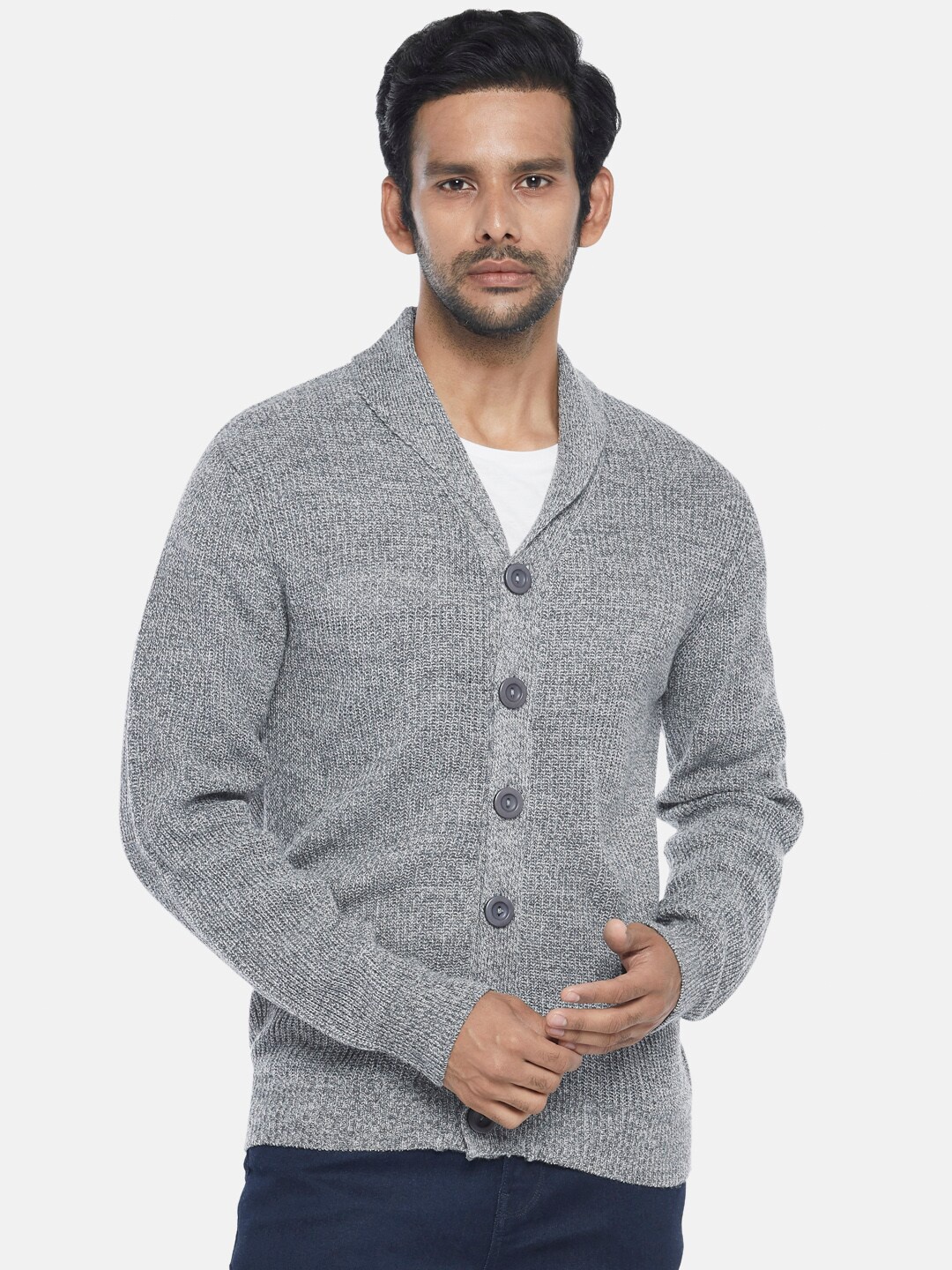 

BYFORD by Pantaloons Men Grey Cable Knit Front-Open