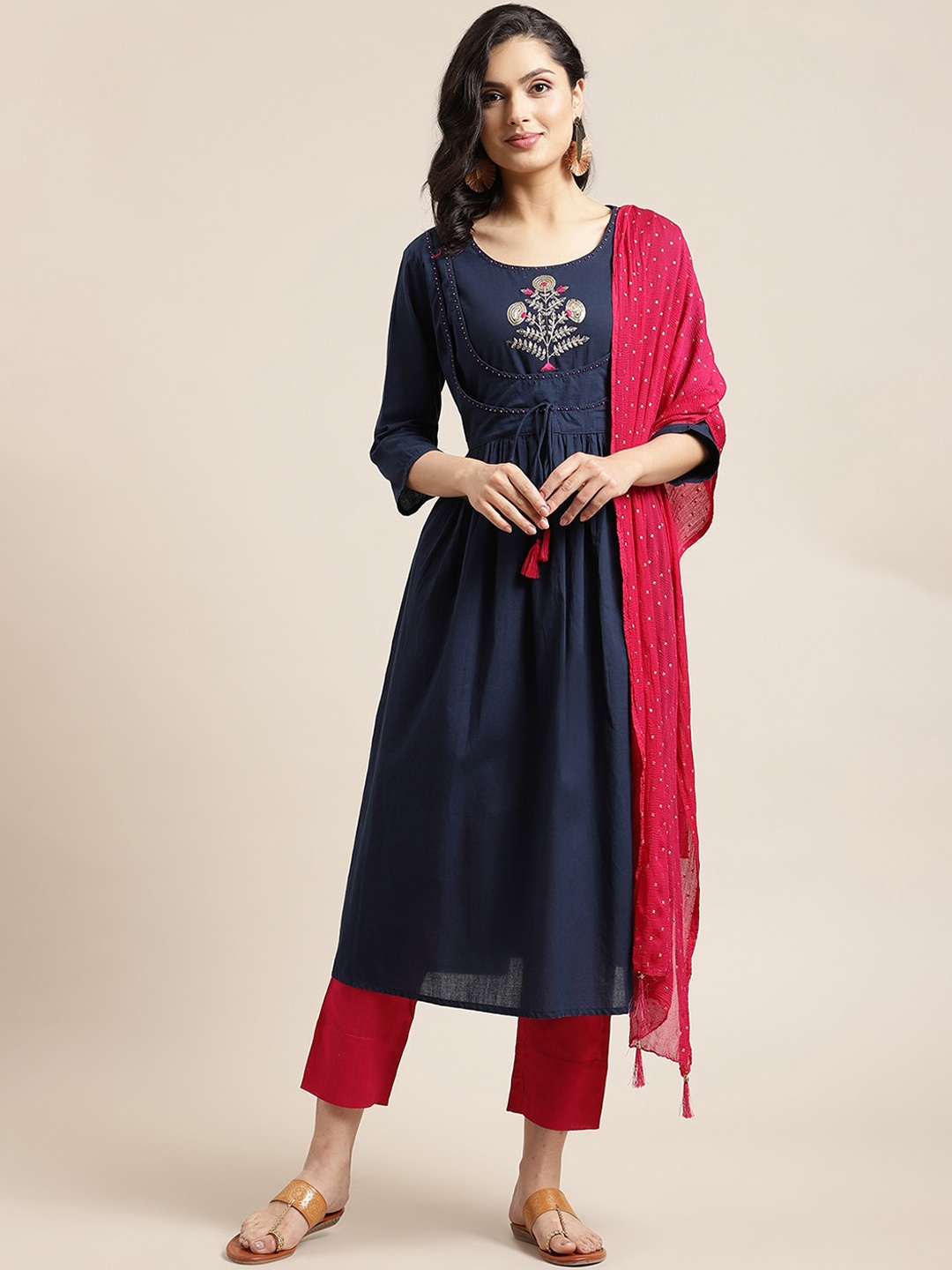 

Varanga Women Navy Blue & Red Yoke Design Cotton Anarkali Kurta with Dupatta