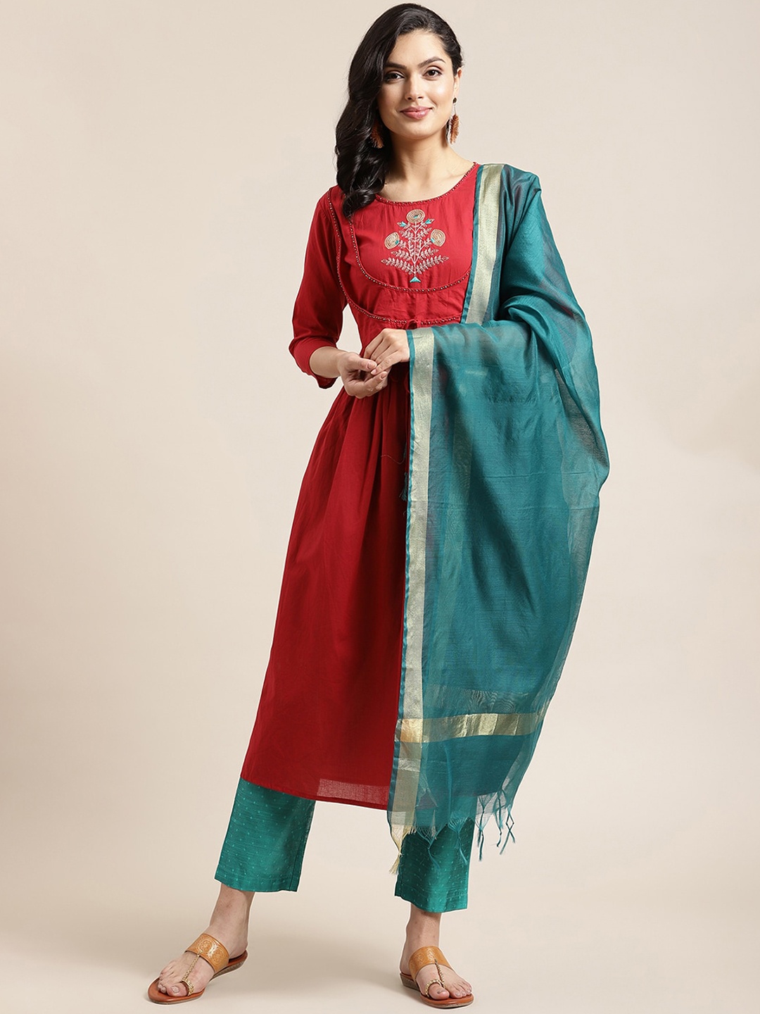 

Varanga Women Maroon & Green Ethnic Motifs Yoke Design Cotton Anarkali with Dupatta