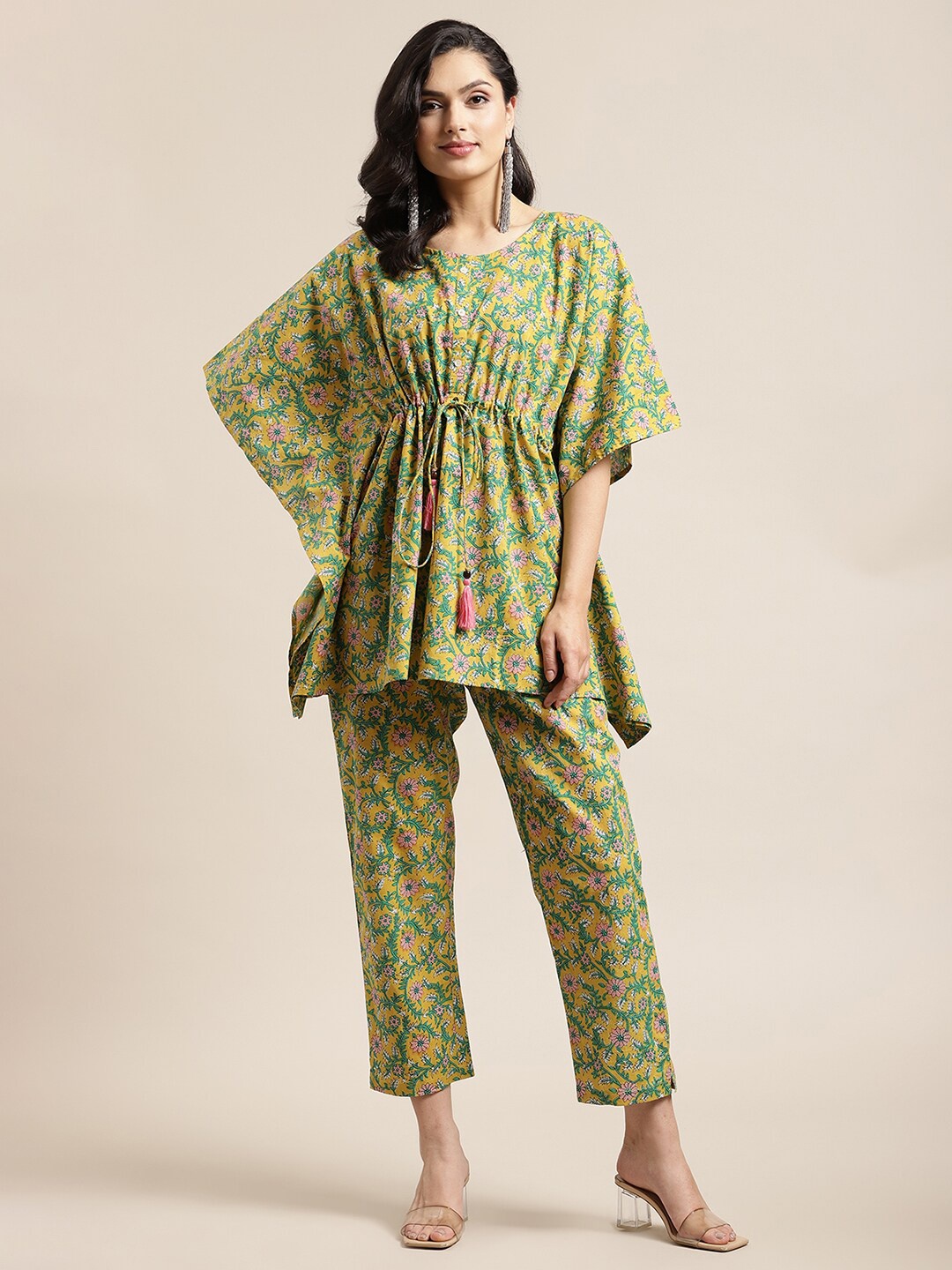 

Varanga Women Mustard Yellow & Green Printed Tunic with Trousers