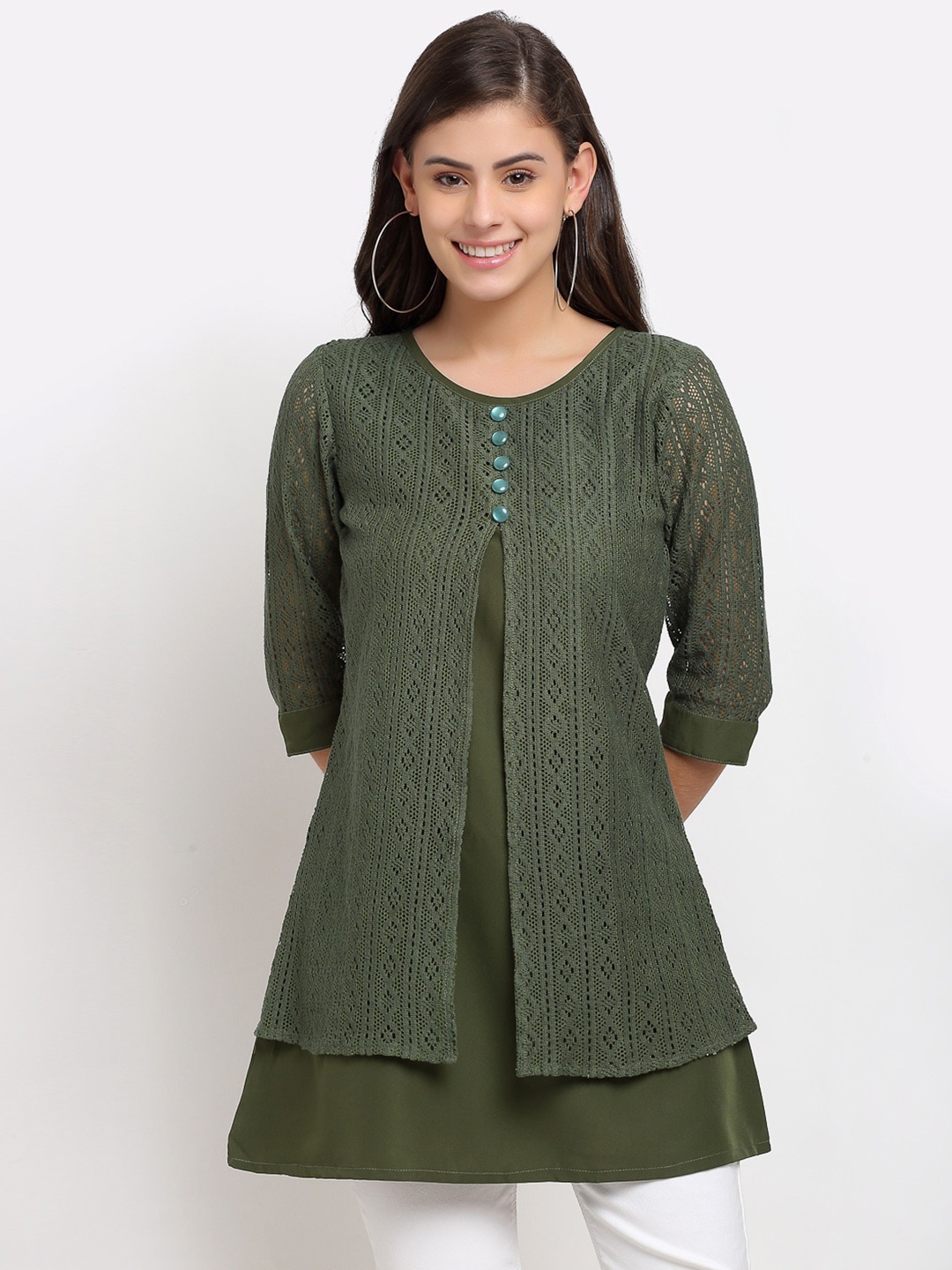 

Karmic Vision Olive Green Crepe A-Line Longline Top