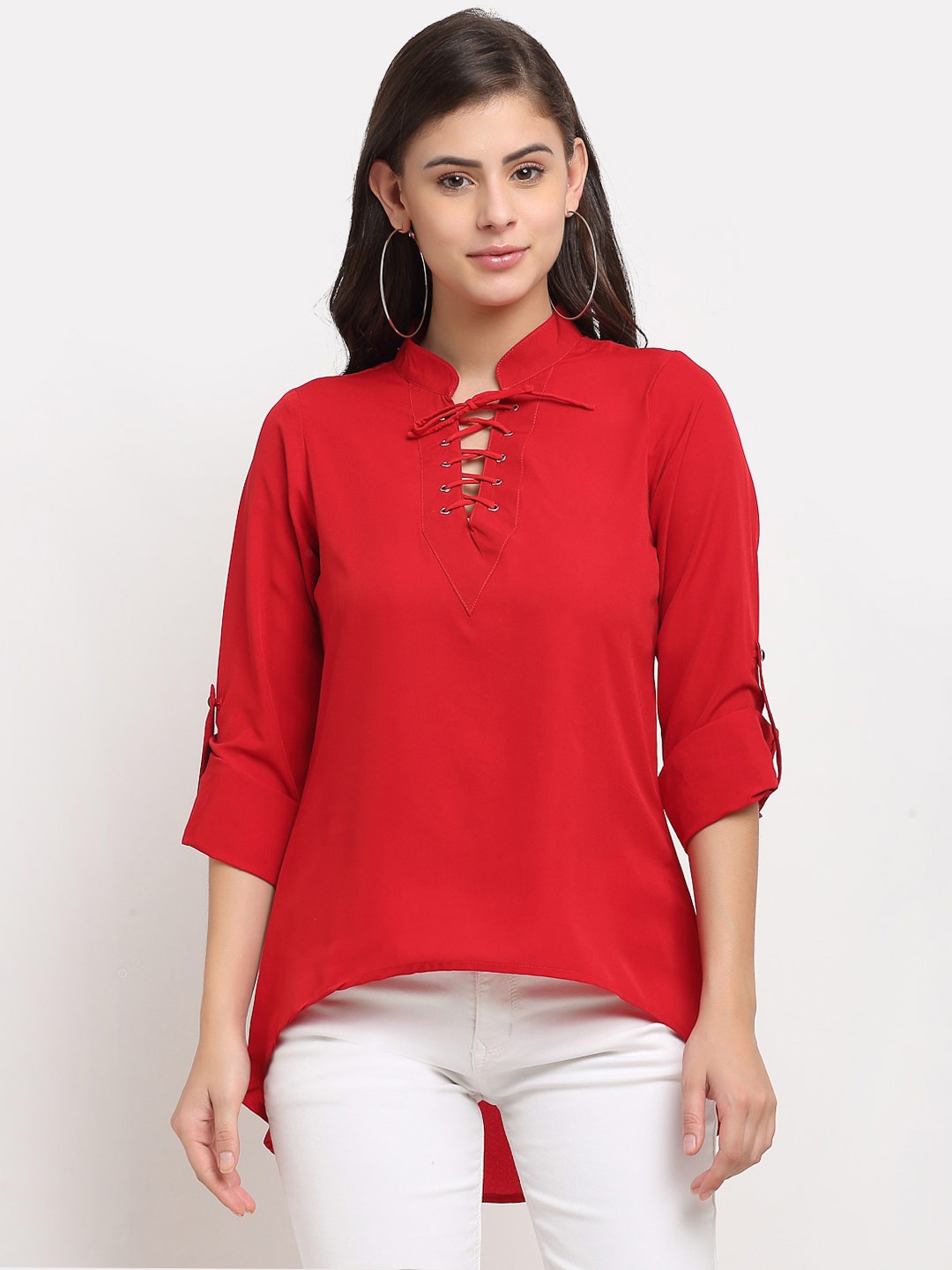 

Karmic Vision Red Tie-Up Neck Roll-Up Sleeves Crepe Regular Top