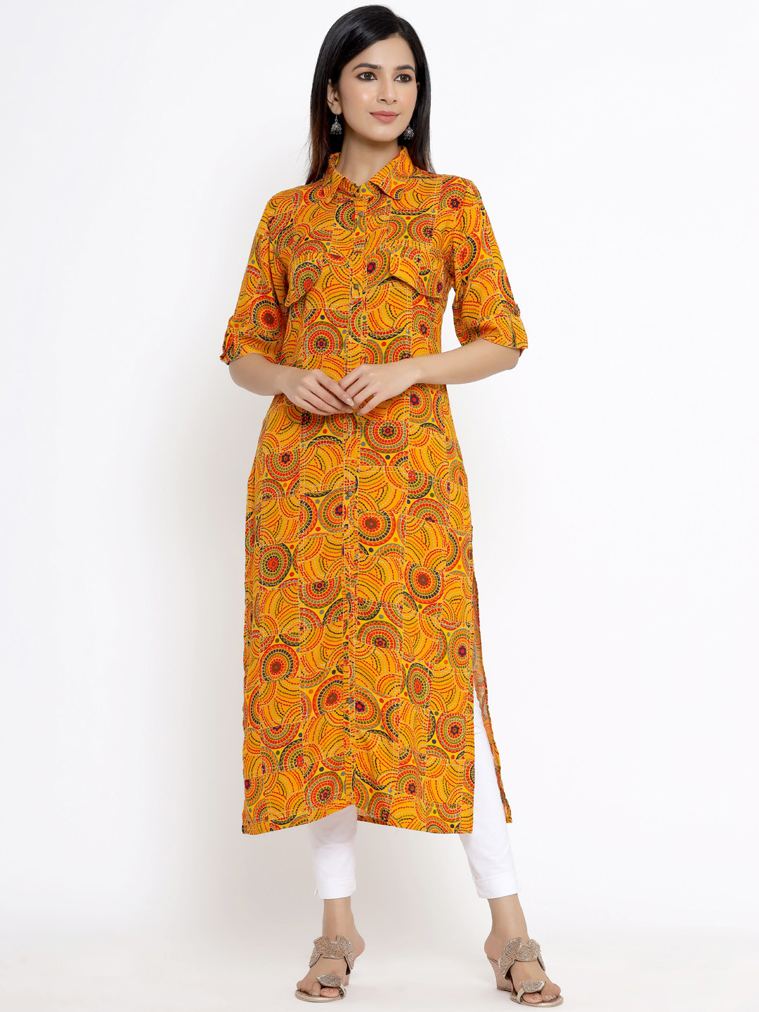 

DIVYANK Women Mustard Yellow & Pink Geometric Printed Pathani Kurta