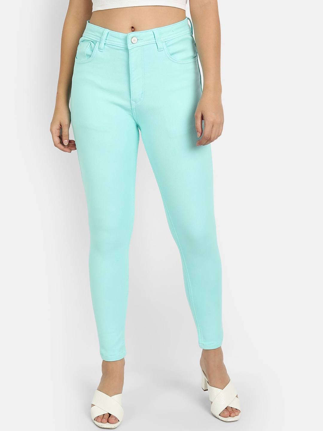 

BROADSTAR Women Turquoise Blue Skinny Fit High-Rise Jeans