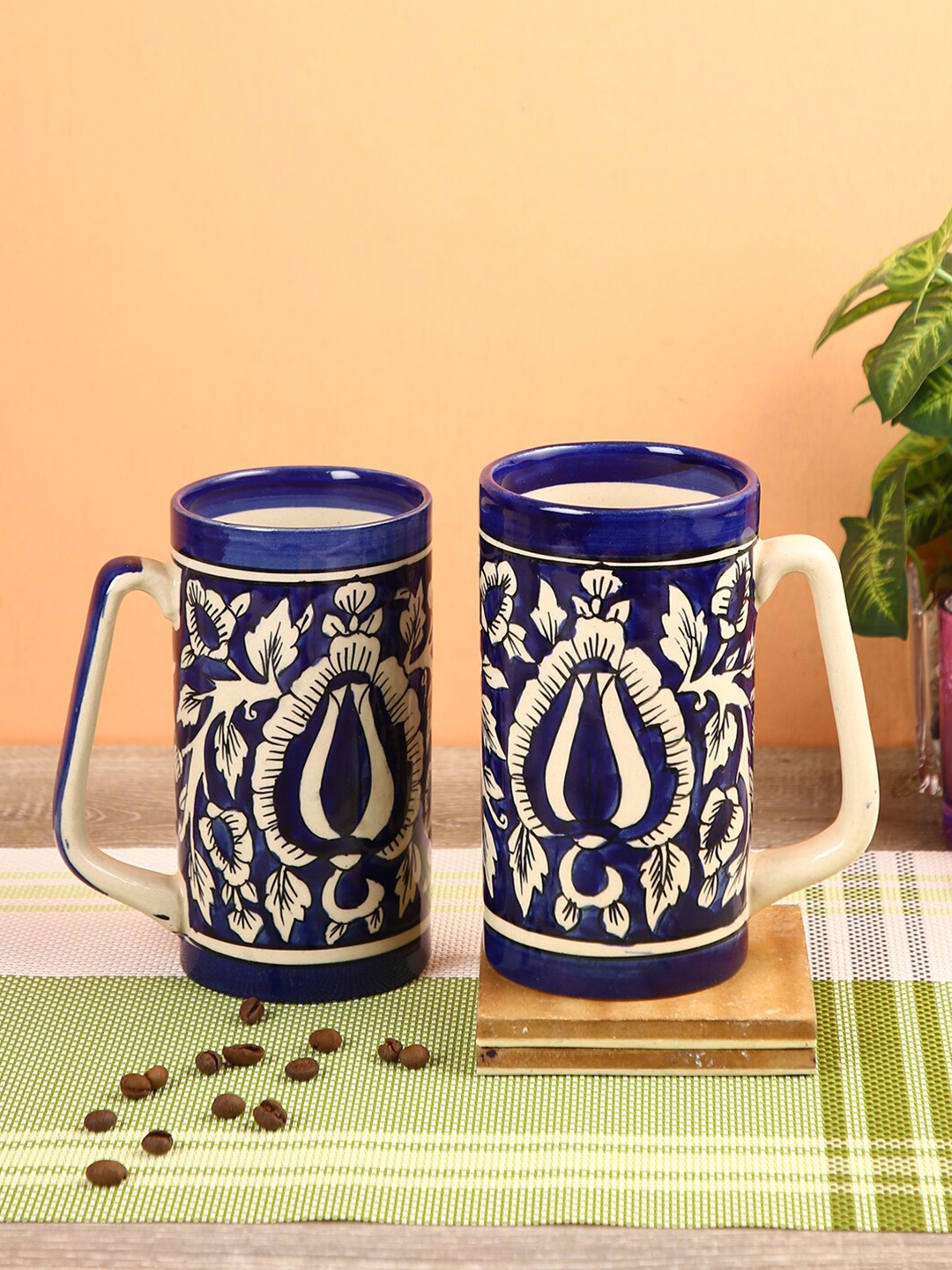 

Aapno Rajasthan Set Of 2 Blue & Beige Printed Ceramic Glossy Coffee Mugs