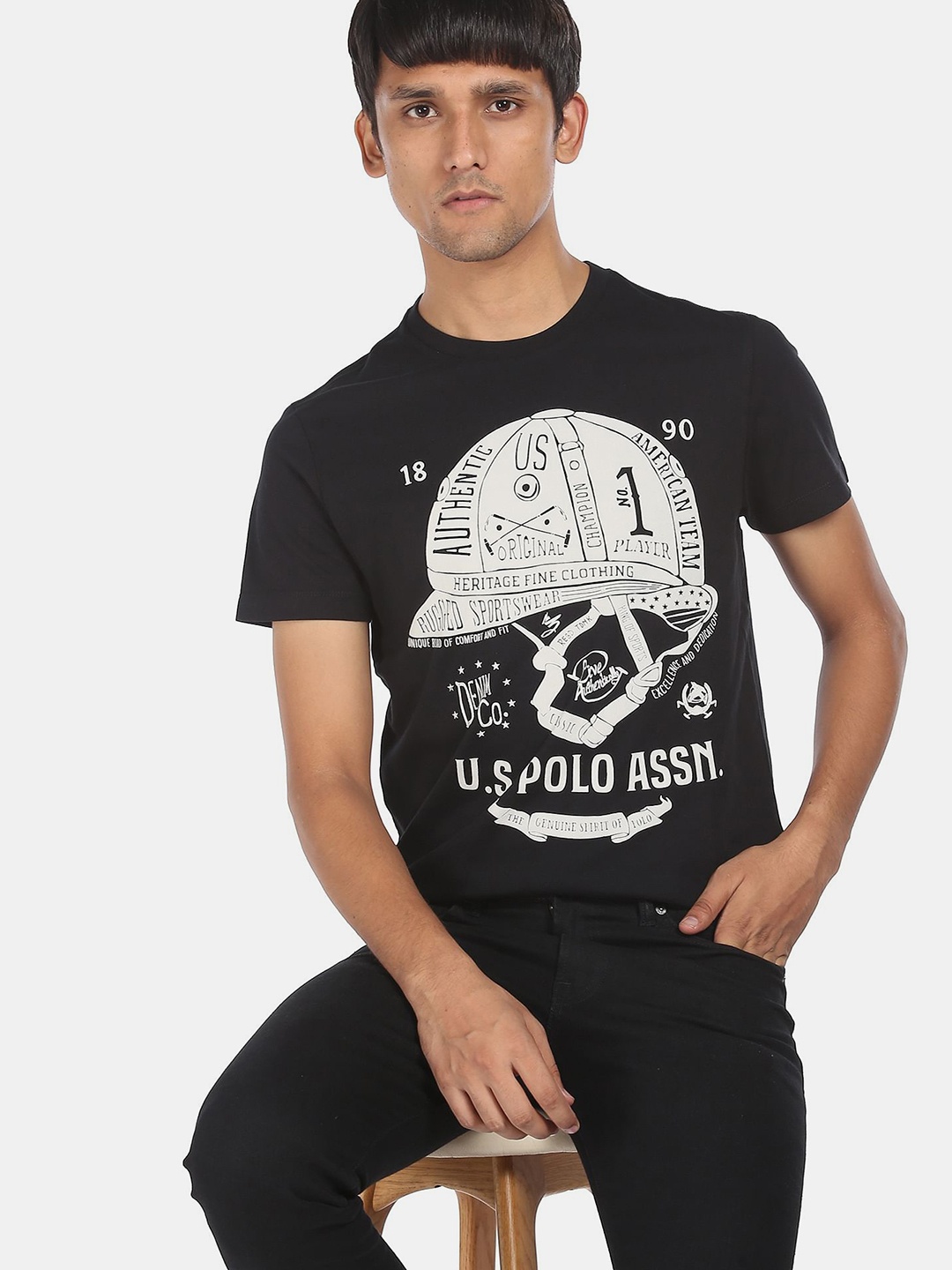 

U. S. Polo Assn Men Black White Brand Logo Printed Pure Cotton T-shirt