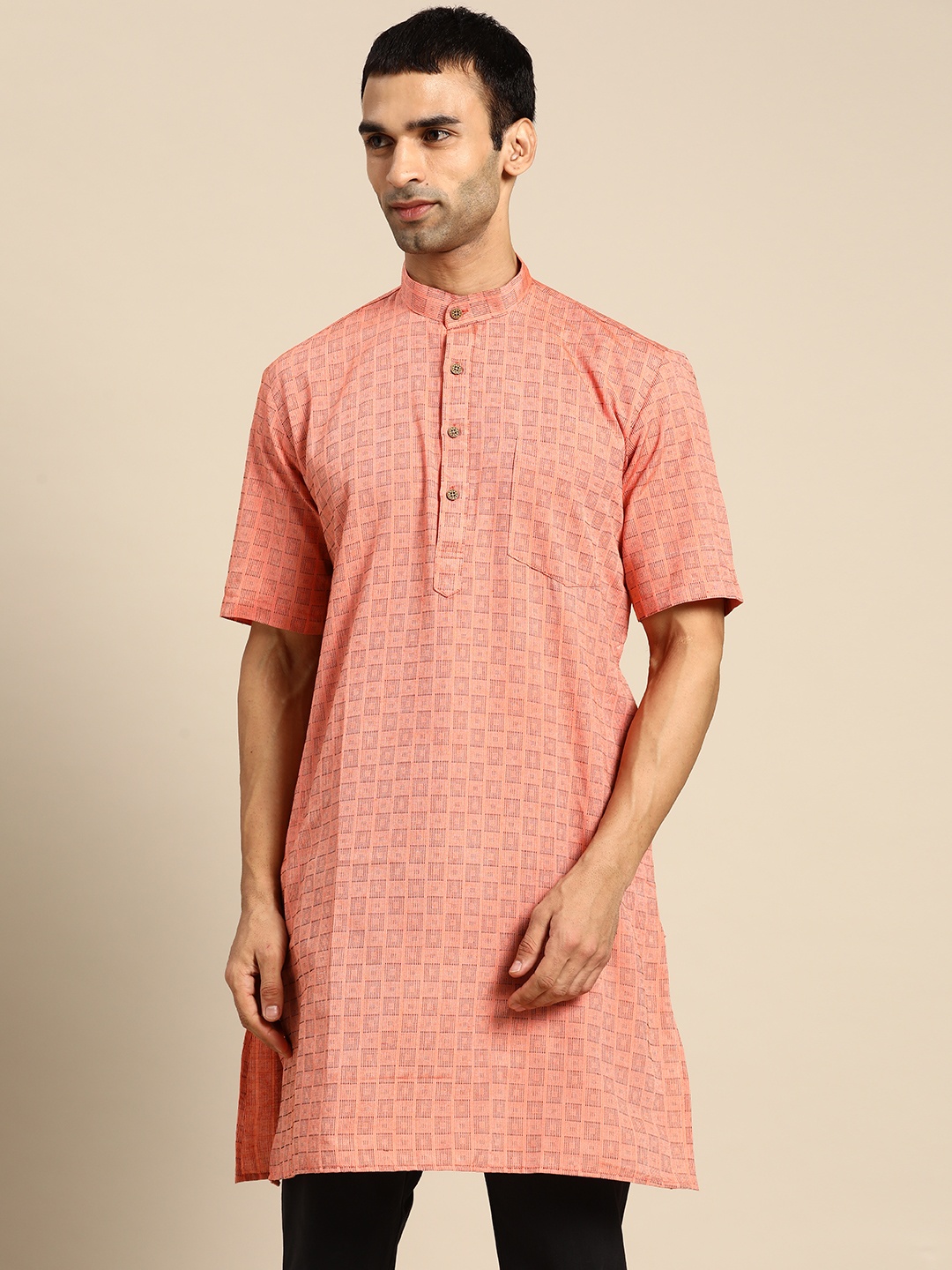 

RAJUBHAI HARGOVINDAS Men Peach-Coloured Checked Handloom Kurta