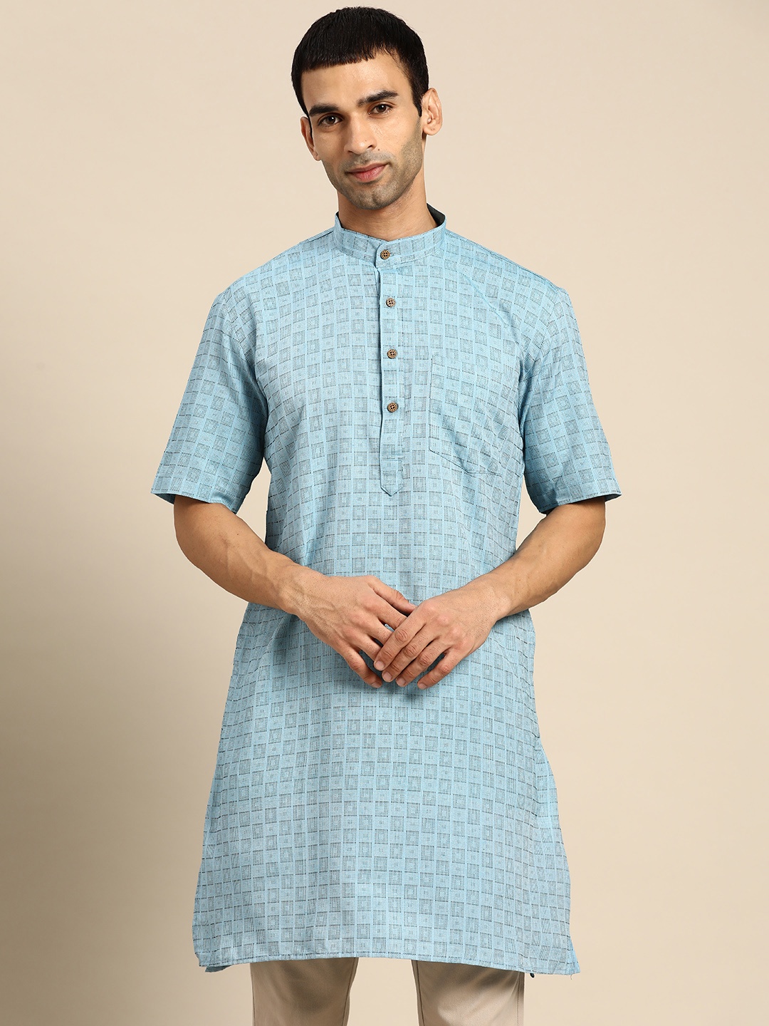 

RAJUBHAI HARGOVINDAS Men Blue Checked Handloom Kurta