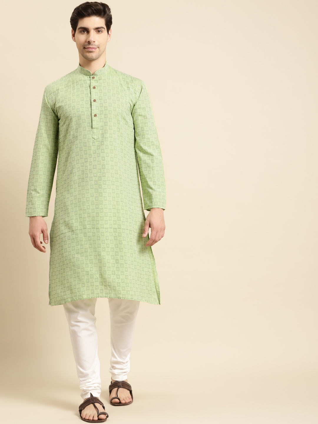 

RAJUBHAI HARGOVINDAS Men Green Geometric Printed Handloom Kurta