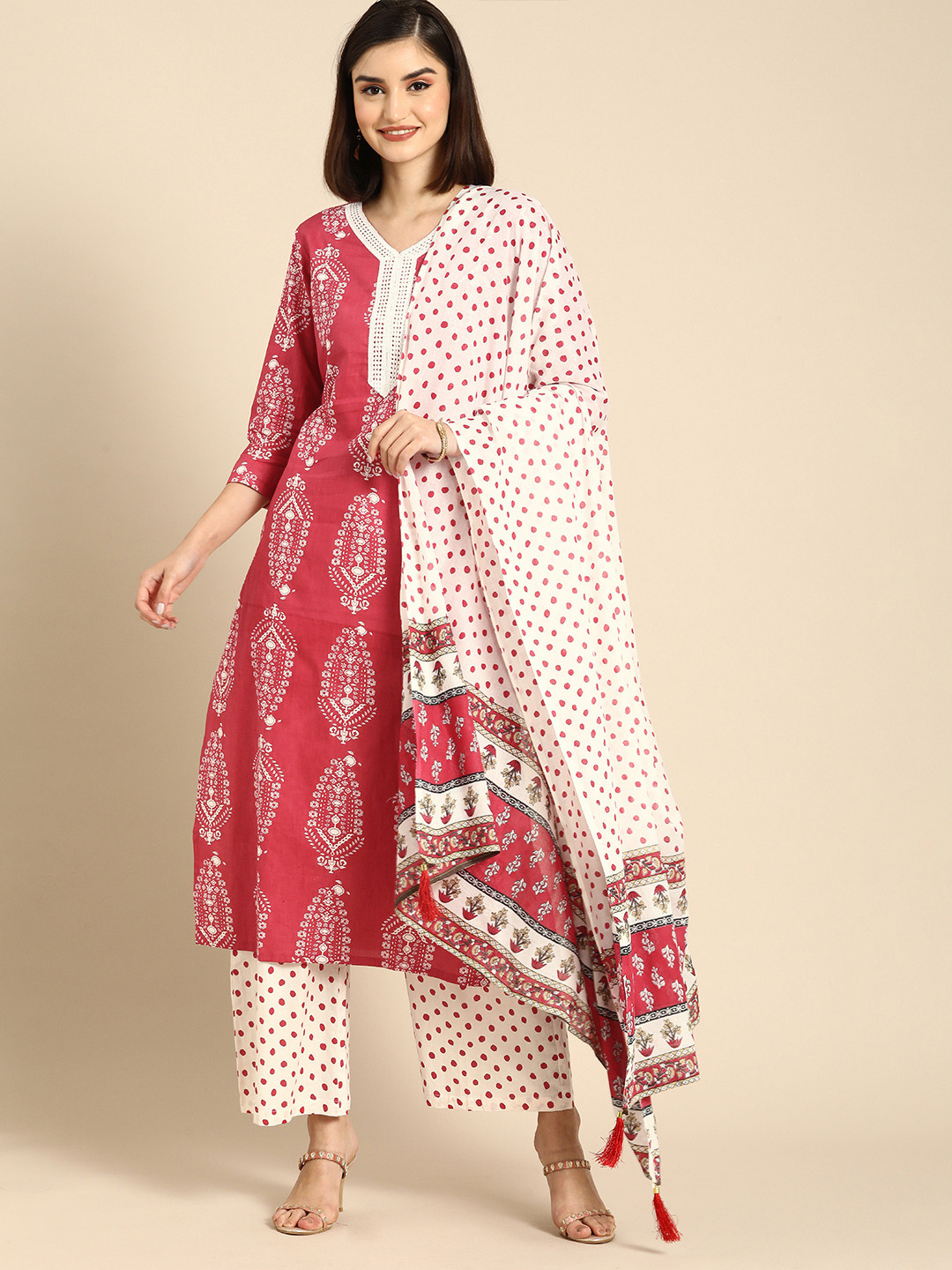 

Anouk Women Pink Ethnic Motifs Printed Regular Pure Cotton Kurta with Palazzos & With Dupatta
