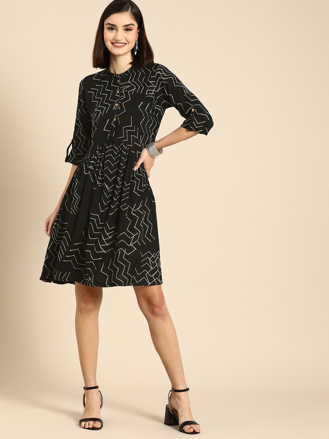 

Anouk Black Geometric Printed Flared Dress