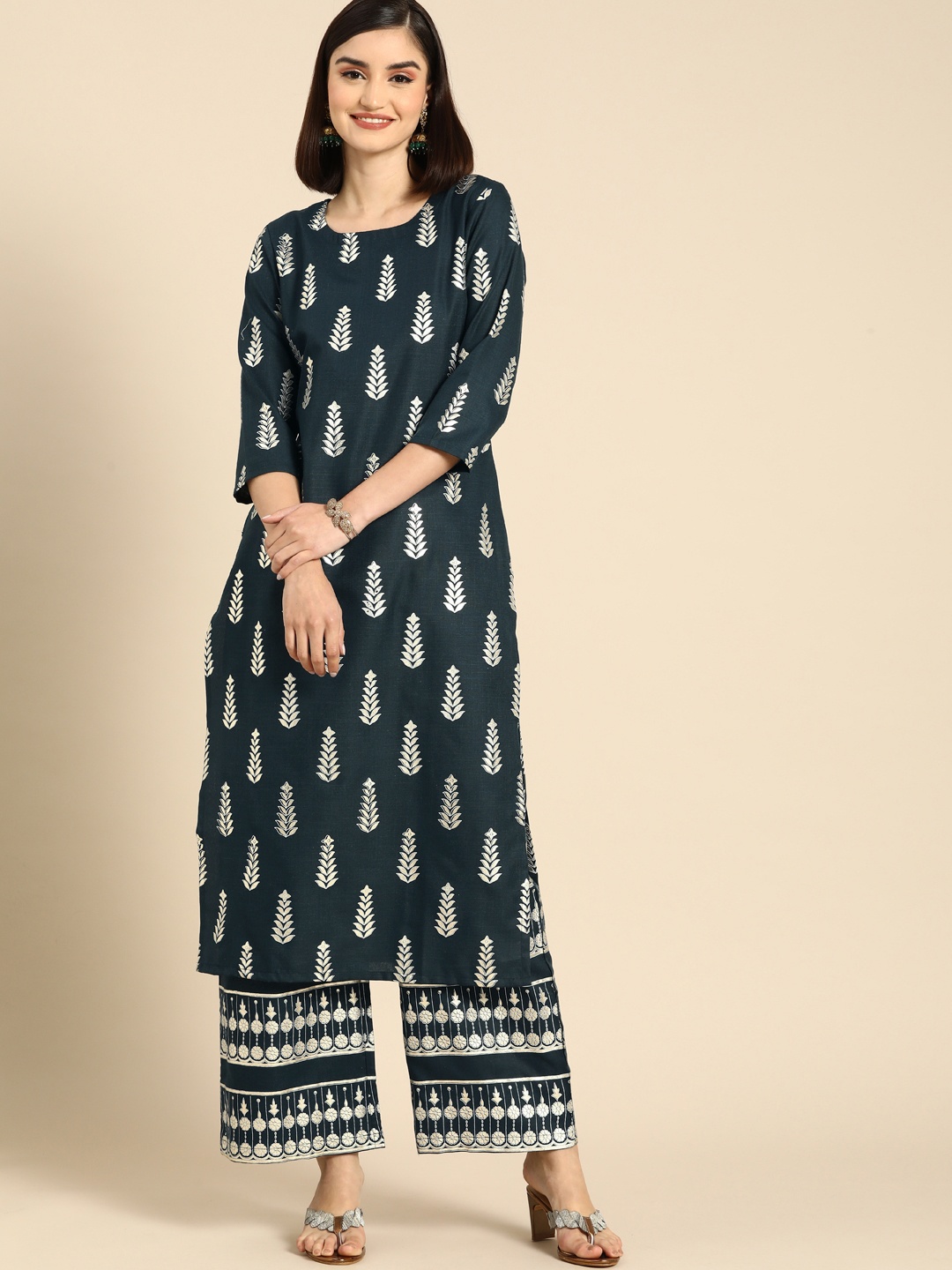 

Anouk Women Teal Blue Ethnic Motifs Printed Regular Kurta with Palazzos