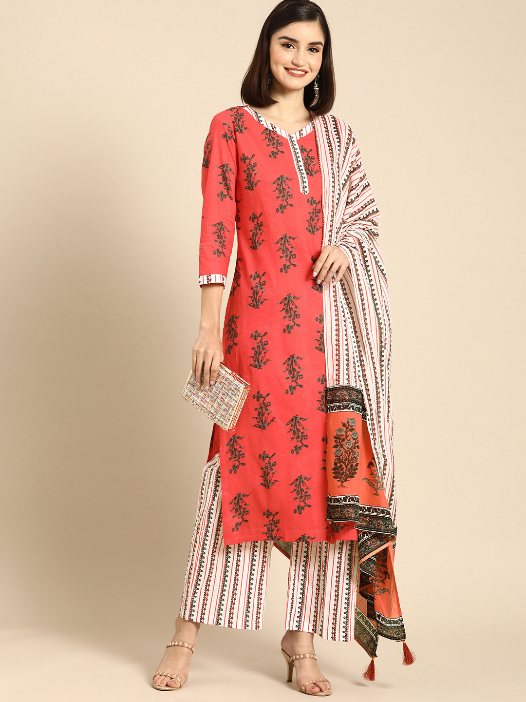 

Anouk Women Red Ethnic Motifs Printed Regular Pure Cotton Kurta with Palazzos & With Dupatta