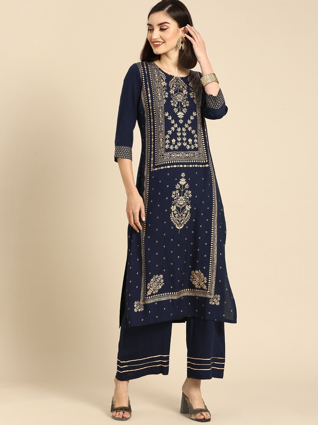 

Anouk Women Navy Blue Ethnic Motifs Printed Regular Gotta Patti Kurta with Palazzos