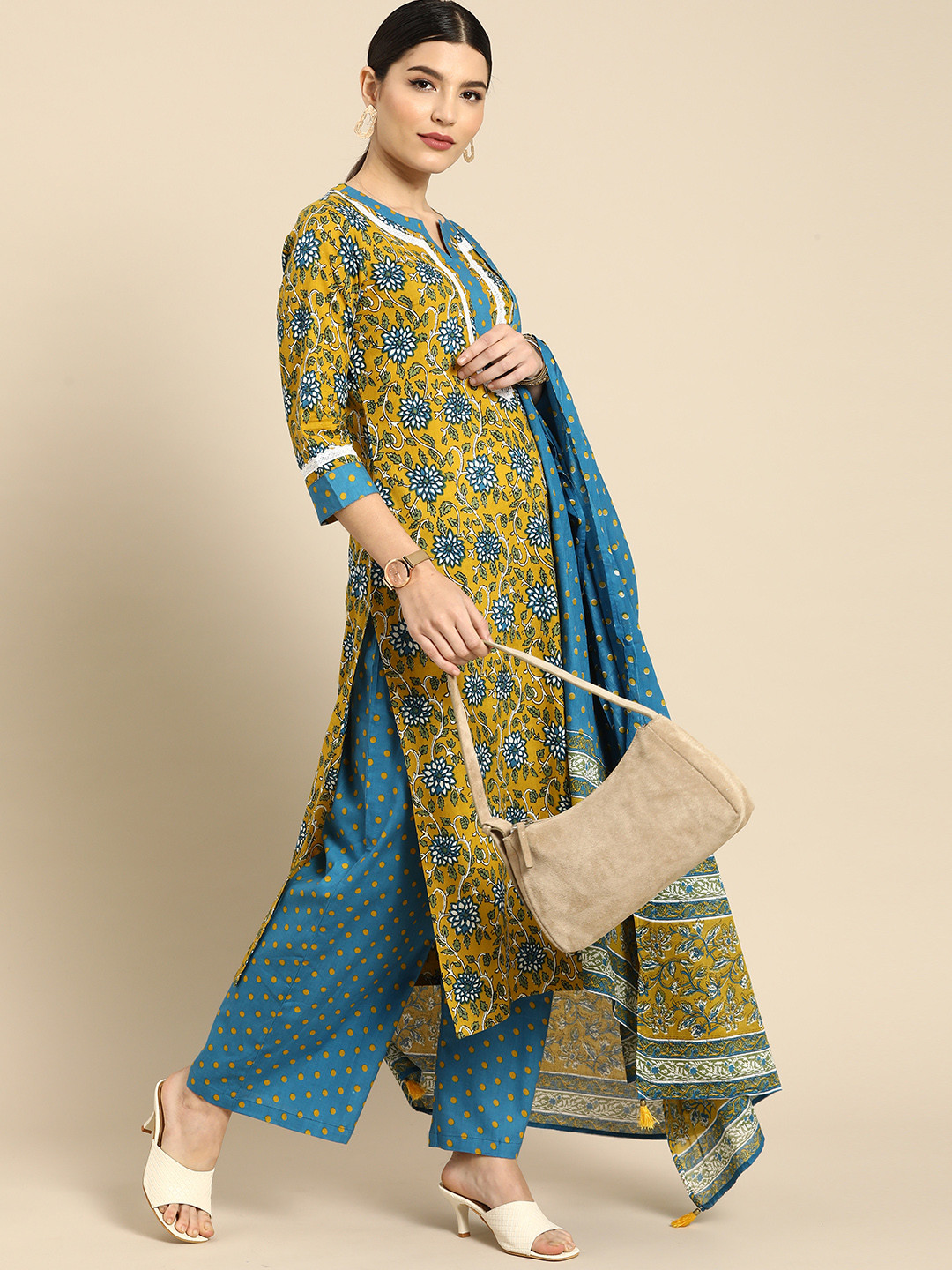 

Anouk Women Mustard Yellow Floral Printed Regular Pure Cotton Kurta with Palazzos & With Dupatta