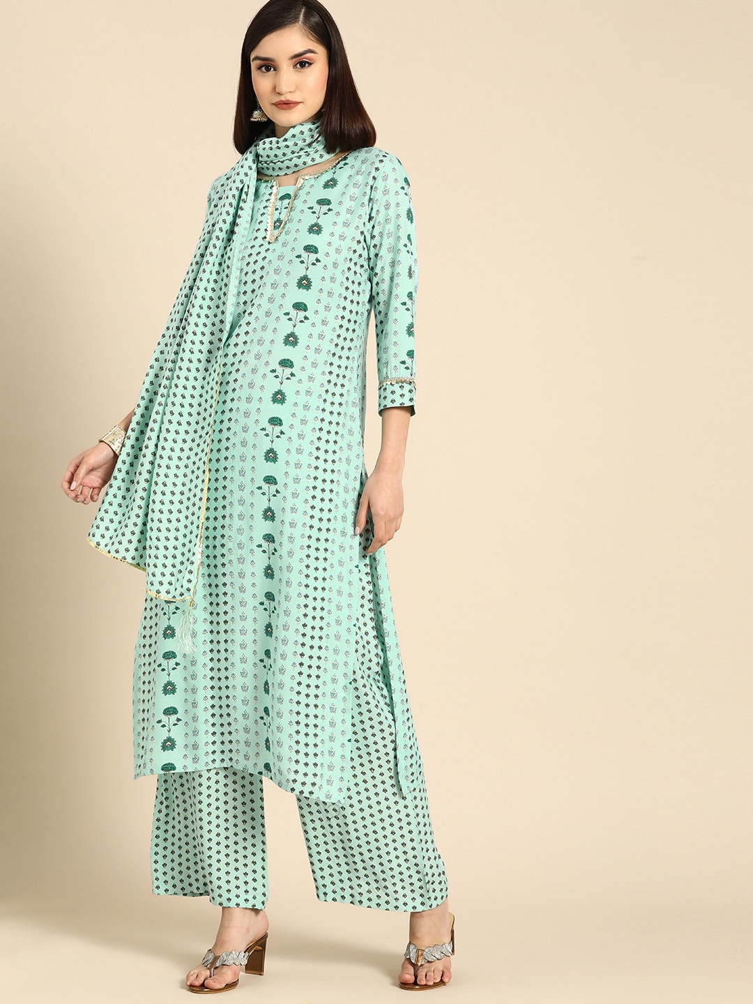 

Anouk Women Blue & Black Printed Regular Kurta with Palazzos & Dupatta