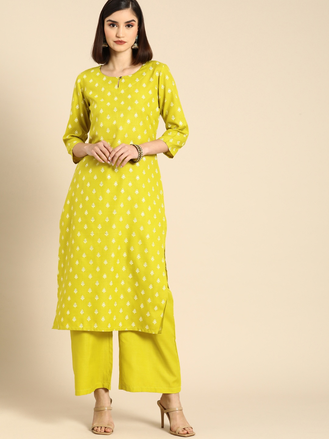 

Anouk Women Lime Green Ethnic Motifs Printed Regular Kurta with Palazzos