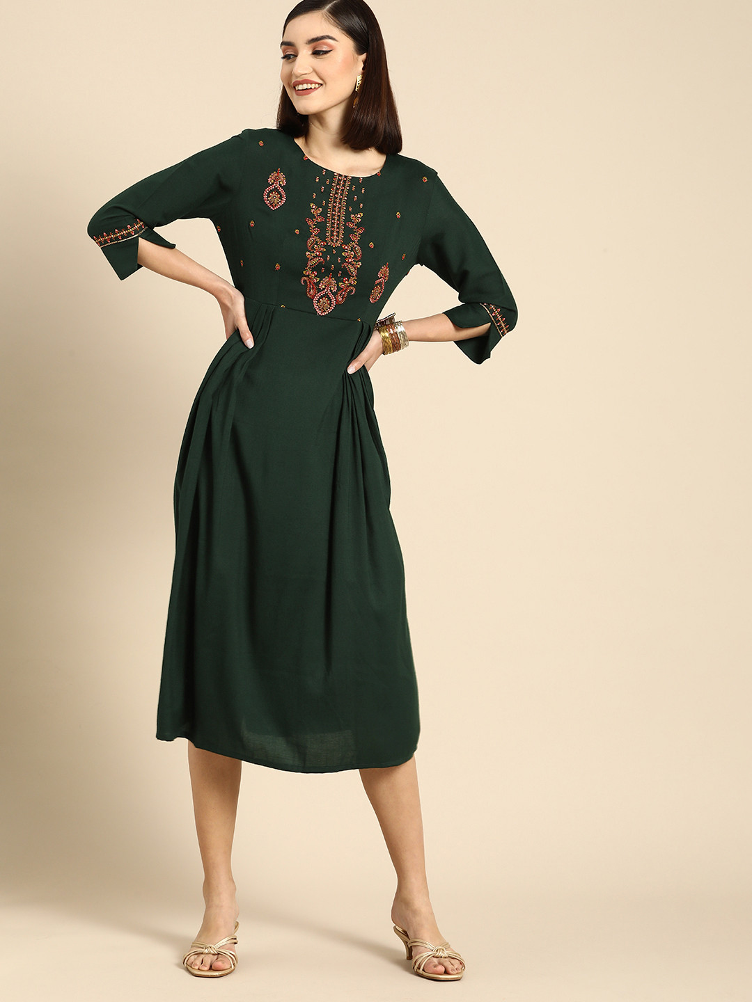 

Anouk Green Ethnic Motifs Yoke Embroidered A-Line Midi Dress