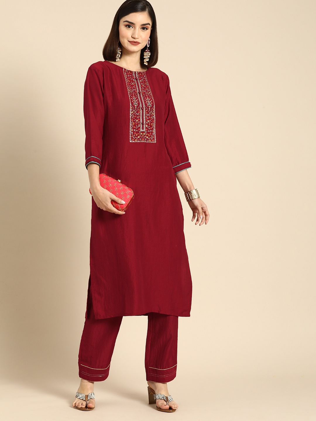 

Anouk Women Red Floral Yoke Design Regular Pure Cotton Kurta with Palazzos