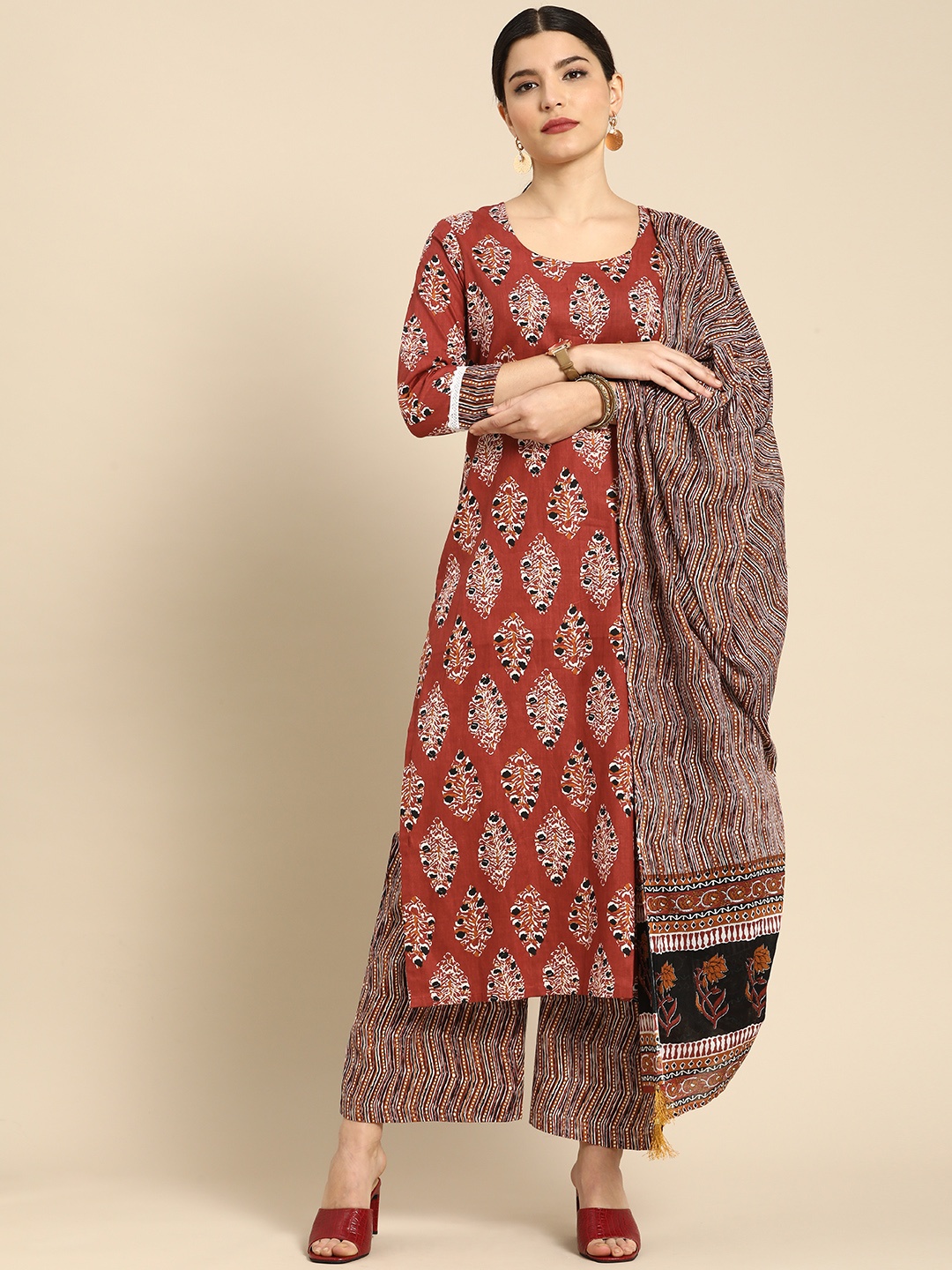 

Anouk Women Maroon Ethnic Motifs Printed Regular Pure Cotton Kurta with Palazzos & With Dupatta