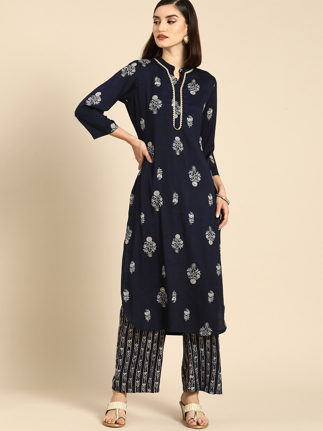 

Anouk Women Blue Ethnic Motifs Printed Regular Gotta Patti Pure Cotton Kurta with Palazzos