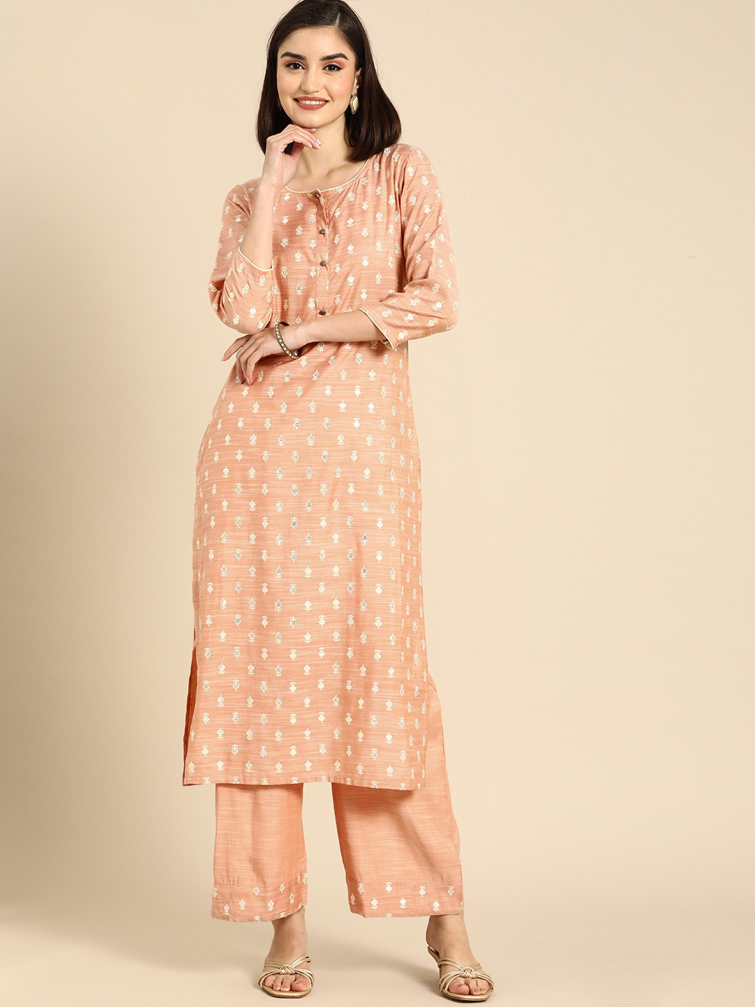 

Anouk Women Peach-Coloured Printed Regular Mirror Work Kurta with Palazzos