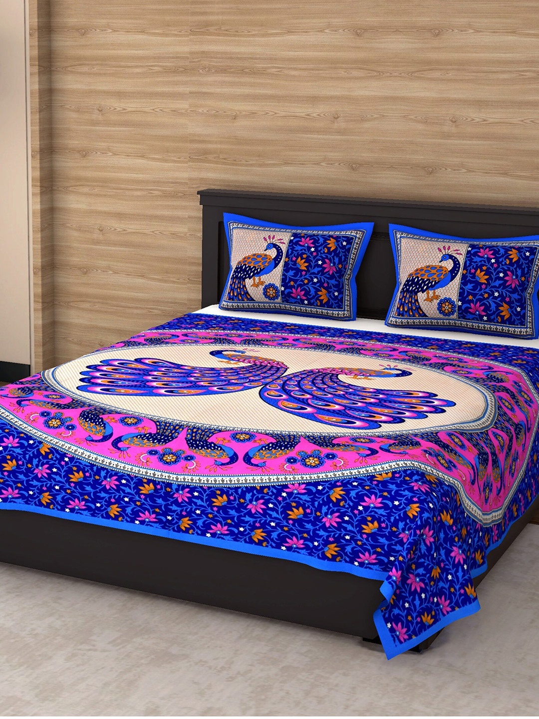 

Varde Blue & Pink Ethnic Motifs 104 TC Pure Cotton Queen Bedsheet with 2 Pillow Covers